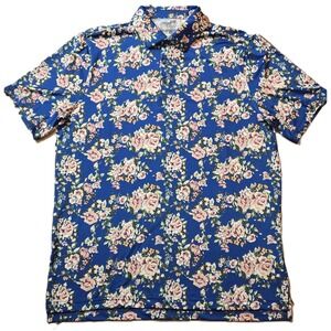 1764 Floral‎ Print Blue Short Sleeve Golf Polo Shirt Men's Size L